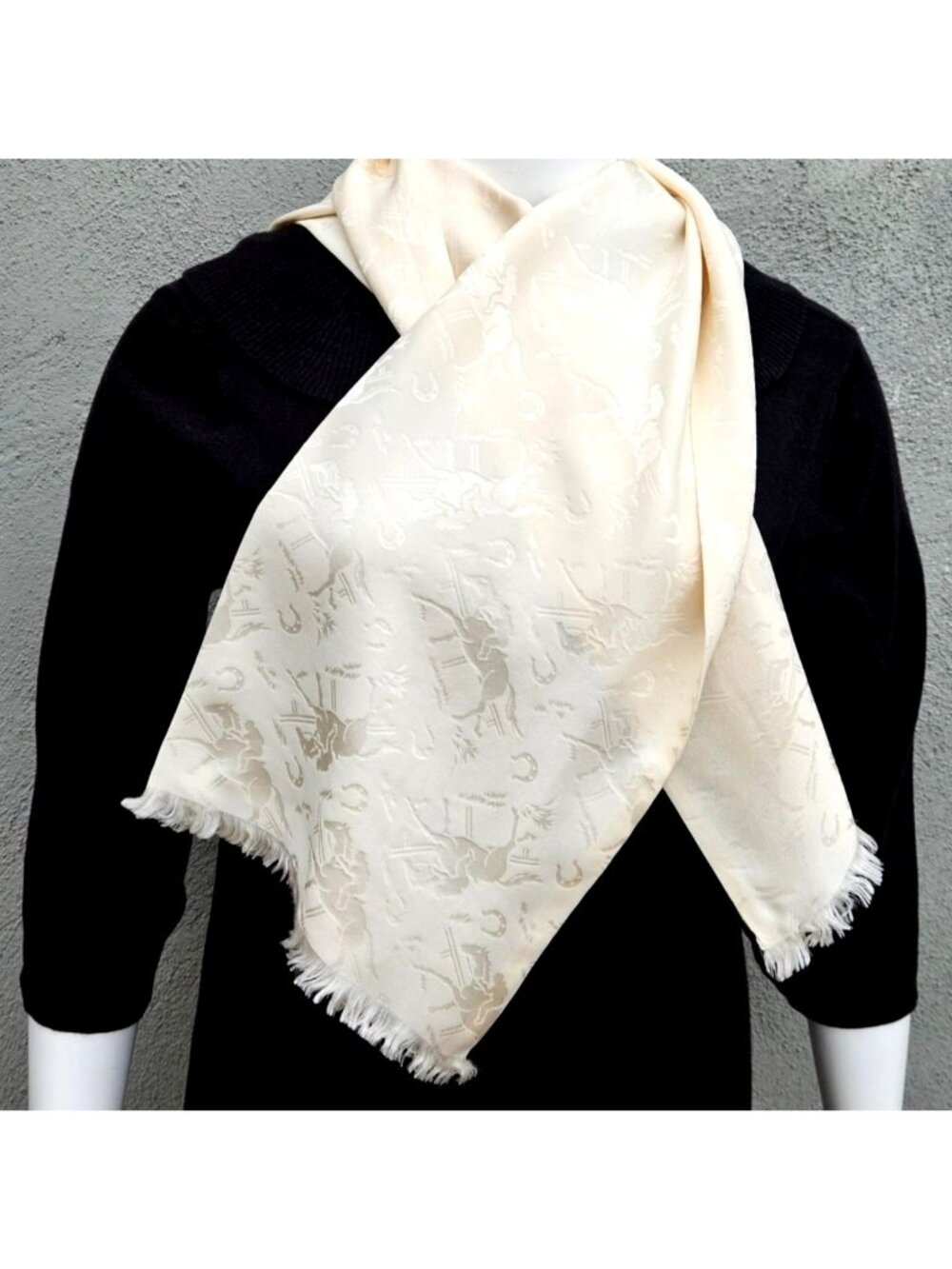 Vintage Ralph Lauren Silk Jacquard Ivory Equestrian Ascot Scarf Mint Japan